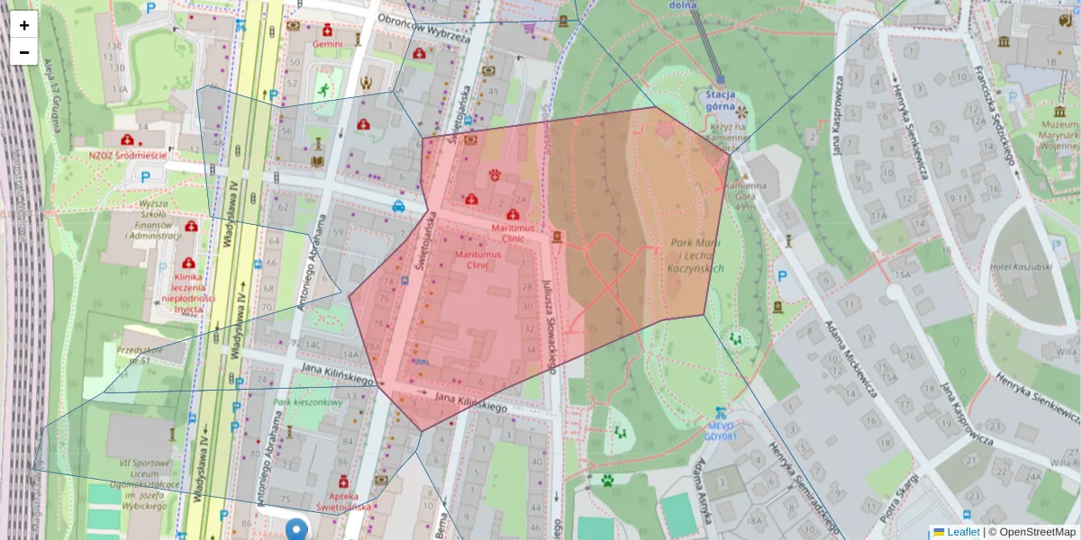 Szczegółowa mapa kodu pocztowego 81-391 z granicami, sąsiednimi kodami pocztowymi i urzędami pocztowymi