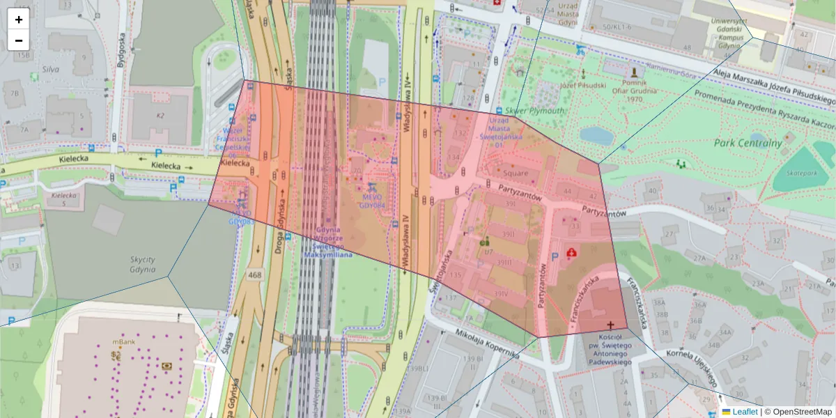 Szczegółowa mapa kodu pocztowego 81-404 z granicami, sąsiednimi kodami pocztowymi i urzędami pocztowymi