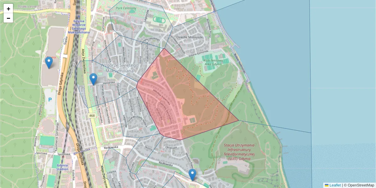 Szczegółowa mapa kodu pocztowego 81-411 z granicami, sąsiednimi kodami pocztowymi i urzędami pocztowymi