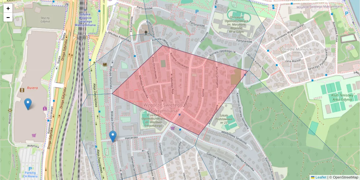 Szczegółowa mapa kodu pocztowego 81-440 z granicami, sąsiednimi kodami pocztowymi i urzędami pocztowymi
