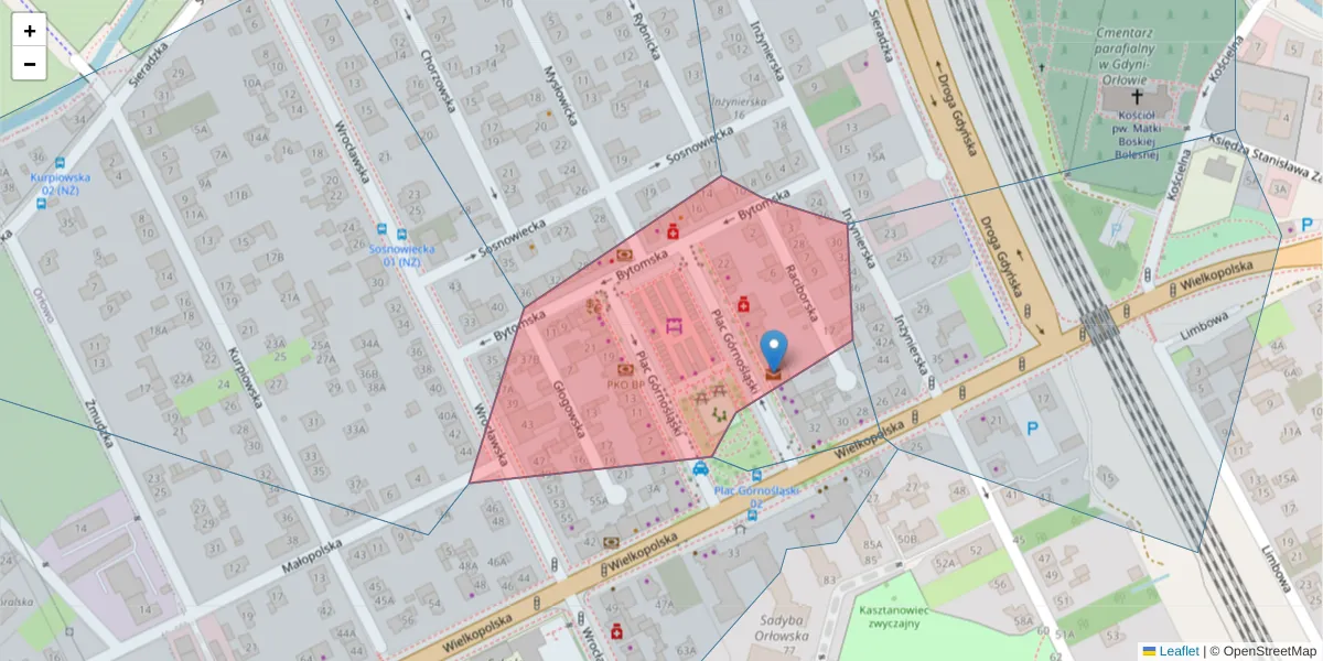 Szczegółowa mapa kodu pocztowego 81-509 z granicami, sąsiednimi kodami pocztowymi i urzędami pocztowymi