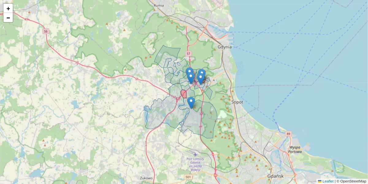 Szczegółowa mapa kodu pocztowego 81-571 z granicami, sąsiednimi kodami pocztowymi i urzędami pocztowymi
