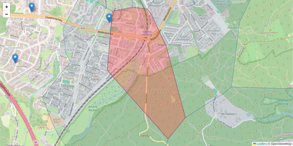 Szczegółowa mapa kodu pocztowego 81-587 z granicami, sąsiednimi kodami pocztowymi i urzędami pocztowymi