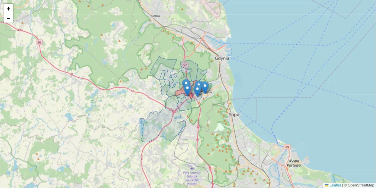 Szczegółowa mapa kodu pocztowego 81-589 z granicami, sąsiednimi kodami pocztowymi i urzędami pocztowymi