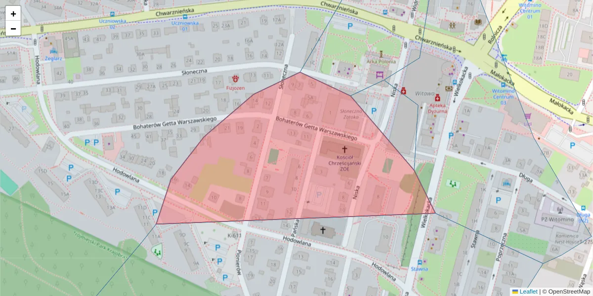 Szczegółowa mapa kodu pocztowego 81-609 z granicami, sąsiednimi kodami pocztowymi i urzędami pocztowymi