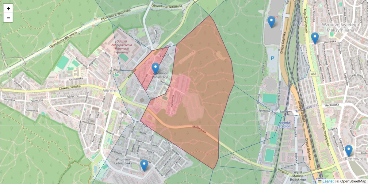 Szczegółowa mapa kodu pocztowego 81-653 z granicami, sąsiednimi kodami pocztowymi i urzędami pocztowymi