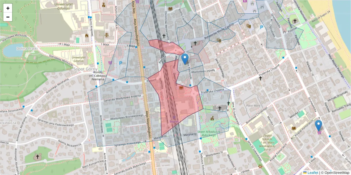Szczegółowa mapa kodu pocztowego 81-704 z granicami, sąsiednimi kodami pocztowymi i urzędami pocztowymi