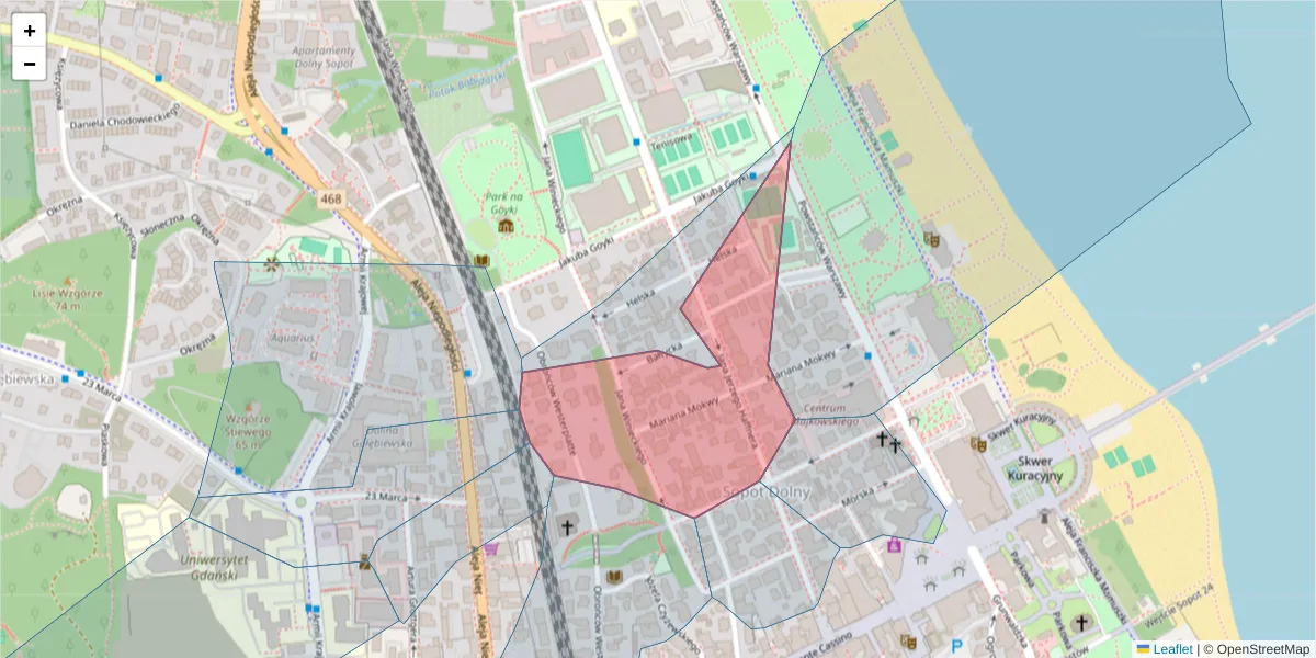 Szczegółowa mapa kodu pocztowego 81-708 z granicami, sąsiednimi kodami pocztowymi i urzędami pocztowymi