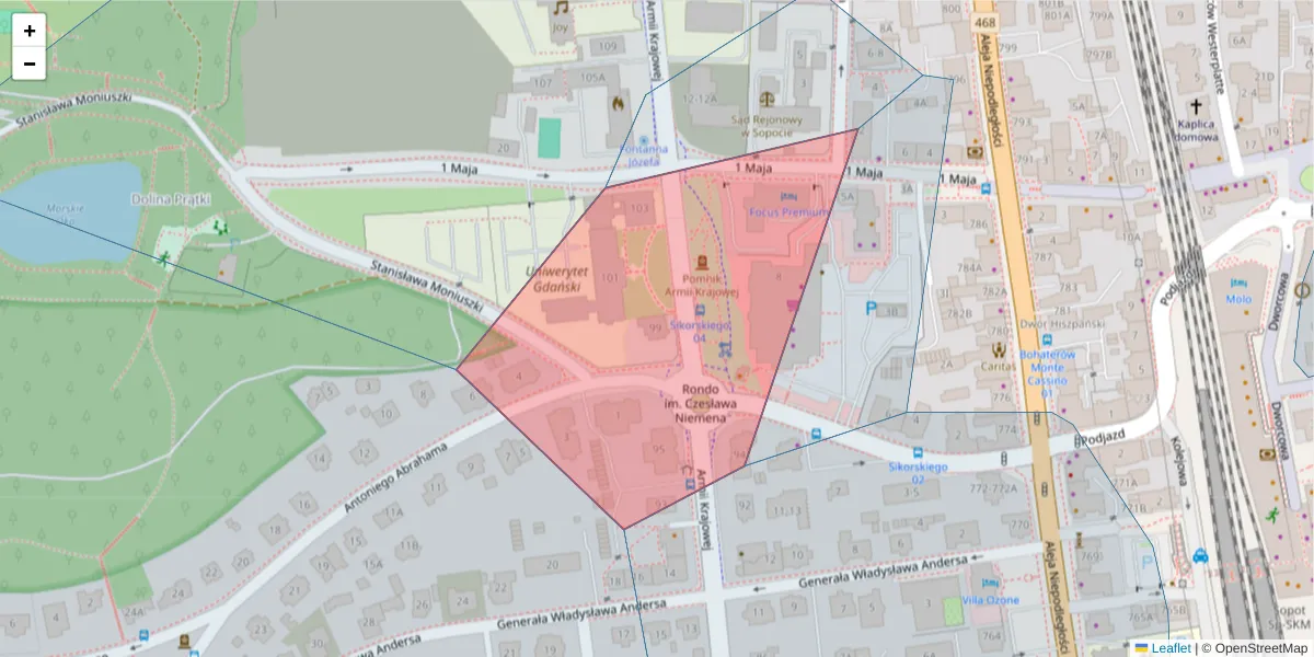 Szczegółowa mapa kodu pocztowego 81-807 z granicami, sąsiednimi kodami pocztowymi i urzędami pocztowymi
