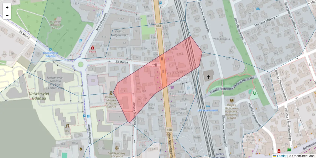 Szczegółowa mapa kodu pocztowego 81-809 z granicami, sąsiednimi kodami pocztowymi i urzędami pocztowymi