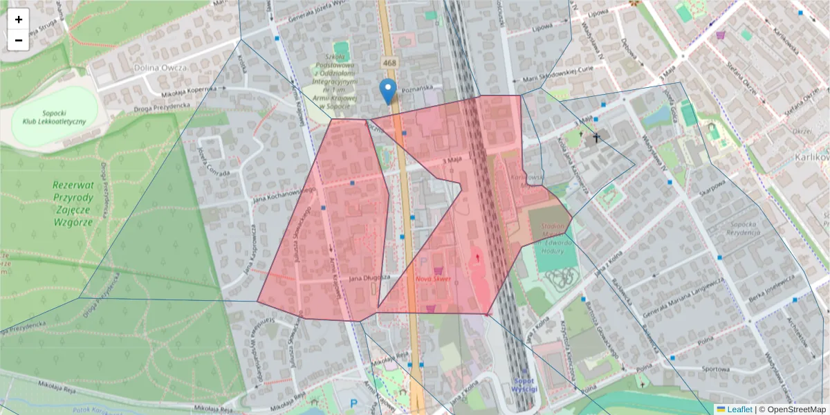 Szczegółowa mapa kodu pocztowego 81-850 z granicami, sąsiednimi kodami pocztowymi i urzędami pocztowymi