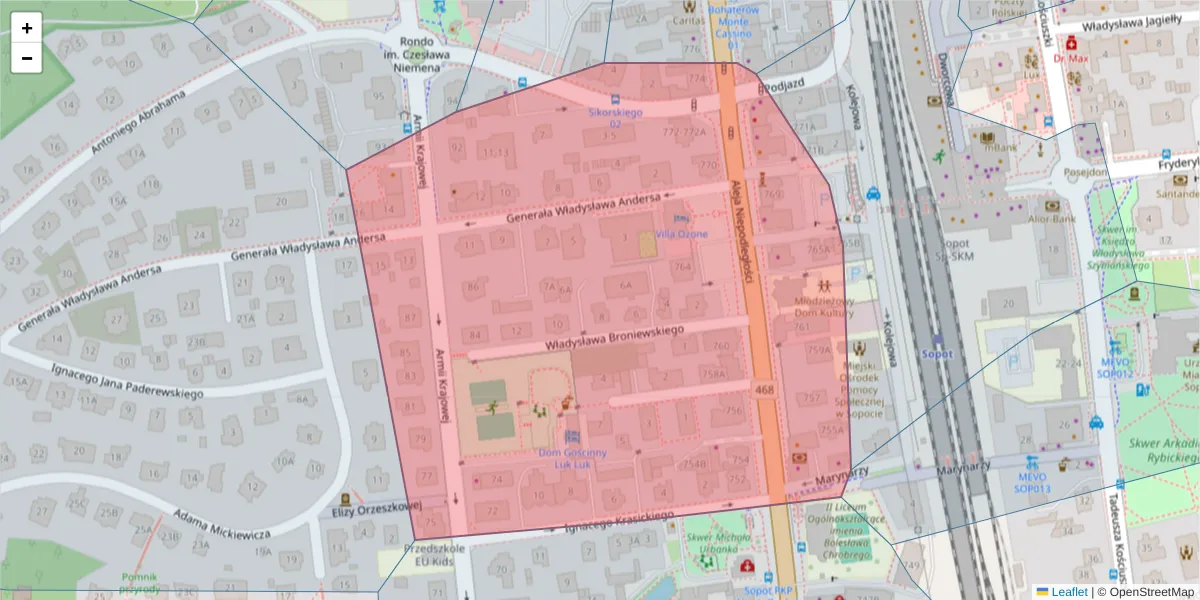Szczegółowa mapa kodu pocztowego 81-868 z granicami, sąsiednimi kodami pocztowymi i urzędami pocztowymi