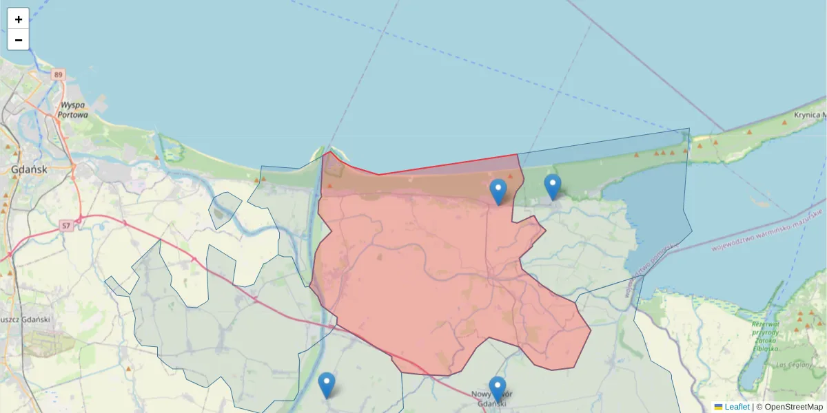 Szczegółowa mapa kodu pocztowego 82-103 z granicami, sąsiednimi kodami pocztowymi i urzędami pocztowymi