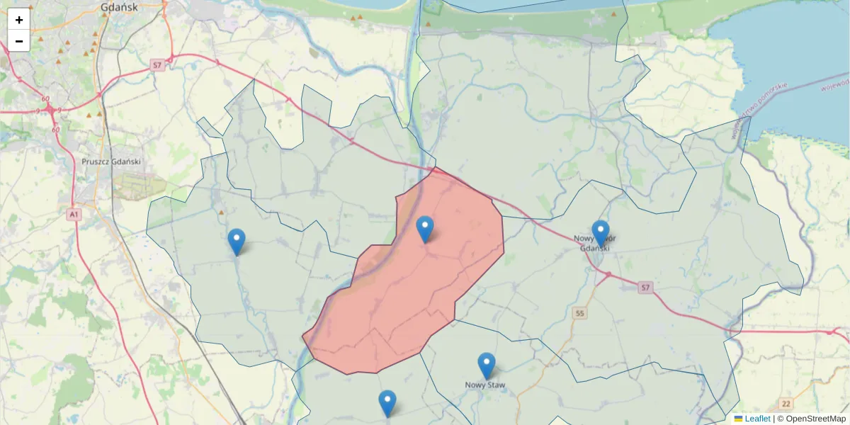 Szczegółowa mapa kodu pocztowego 82-112 z granicami, sąsiednimi kodami pocztowymi i urzędami pocztowymi