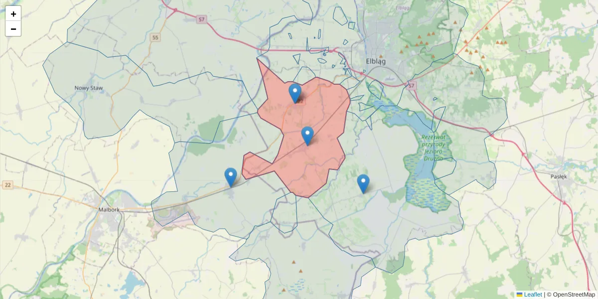 Szczegółowa mapa kodu pocztowego 82-335 z granicami, sąsiednimi kodami pocztowymi i urzędami pocztowymi
