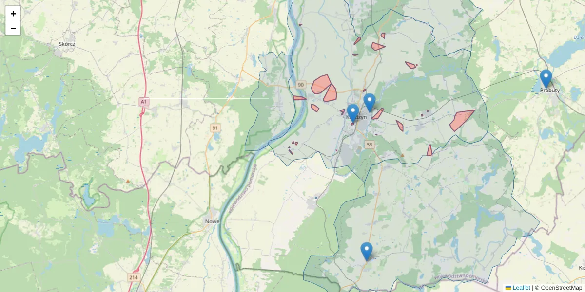 Szczegółowa mapa kodu pocztowego 82-501 z granicami, sąsiednimi kodami pocztowymi i urzędami pocztowymi