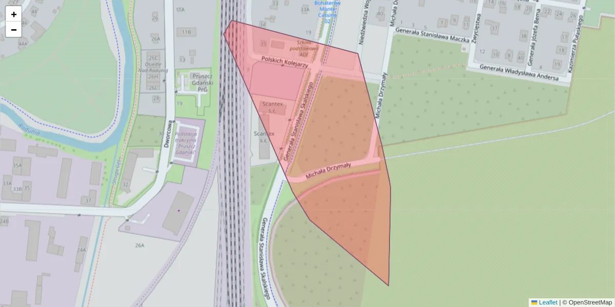 Szczegółowa mapa kodu pocztowego 83-004 z granicami, sąsiednimi kodami pocztowymi i urzędami pocztowymi