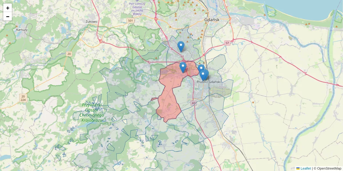 Szczegółowa mapa kodu pocztowego 83-010 z granicami, sąsiednimi kodami pocztowymi i urzędami pocztowymi