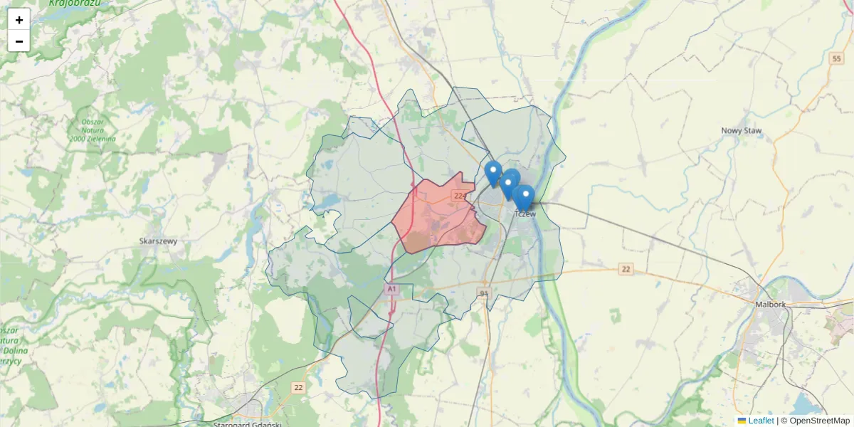 Szczegółowa mapa kodu pocztowego 83-112 z granicami, sąsiednimi kodami pocztowymi i urzędami pocztowymi