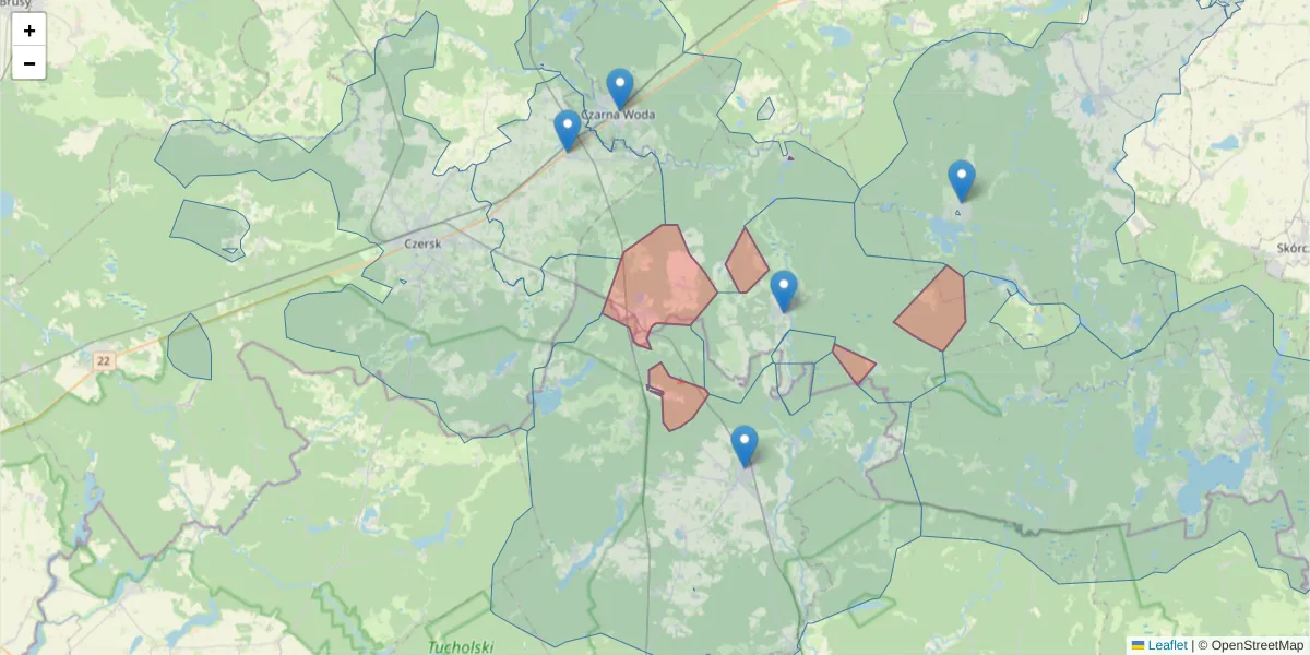 Szczegółowa mapa kodu pocztowego 83-243 z granicami, sąsiednimi kodami pocztowymi i urzędami pocztowymi