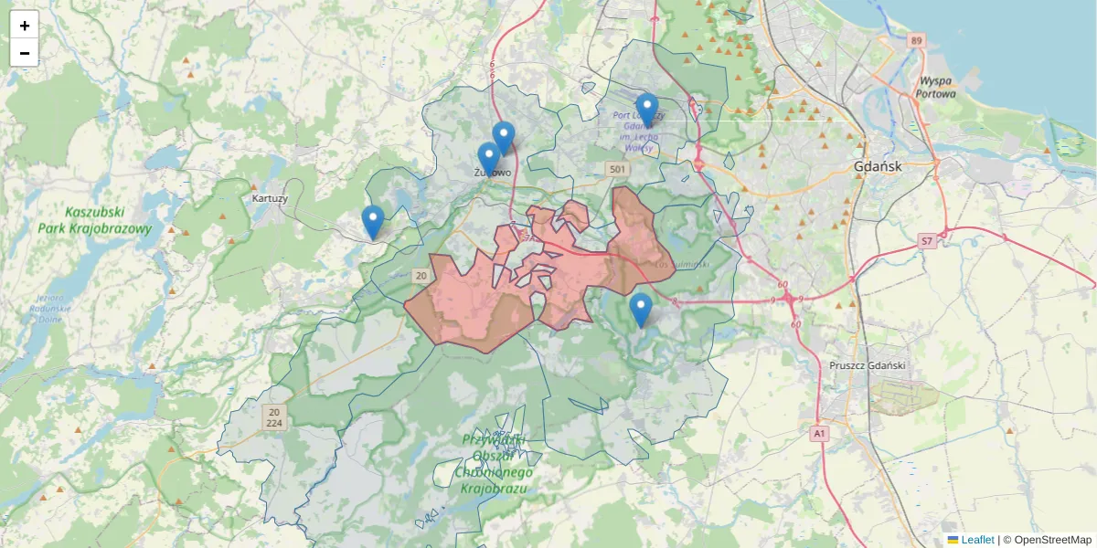 Szczegółowa mapa kodu pocztowego 83-331 z granicami, sąsiednimi kodami pocztowymi i urzędami pocztowymi