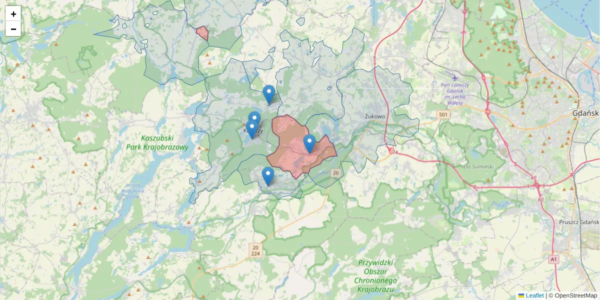 Szczegółowa mapa kodu pocztowego 83-332 z granicami, sąsiednimi kodami pocztowymi i urzędami pocztowymi