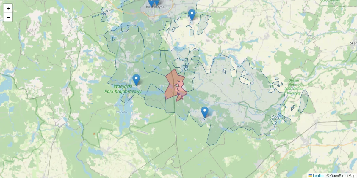 Szczegółowa mapa kodu pocztowego 83-405 z granicami, sąsiednimi kodami pocztowymi i urzędami pocztowymi