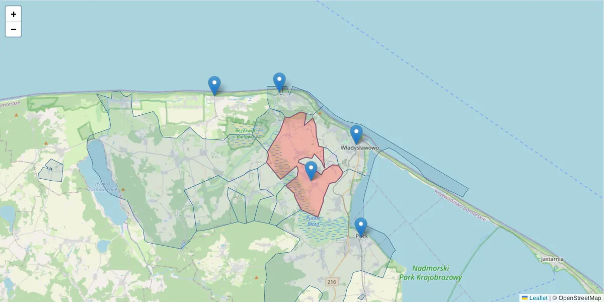 Szczegółowa mapa kodu pocztowego 84-103 z granicami, sąsiednimi kodami pocztowymi i urzędami pocztowymi