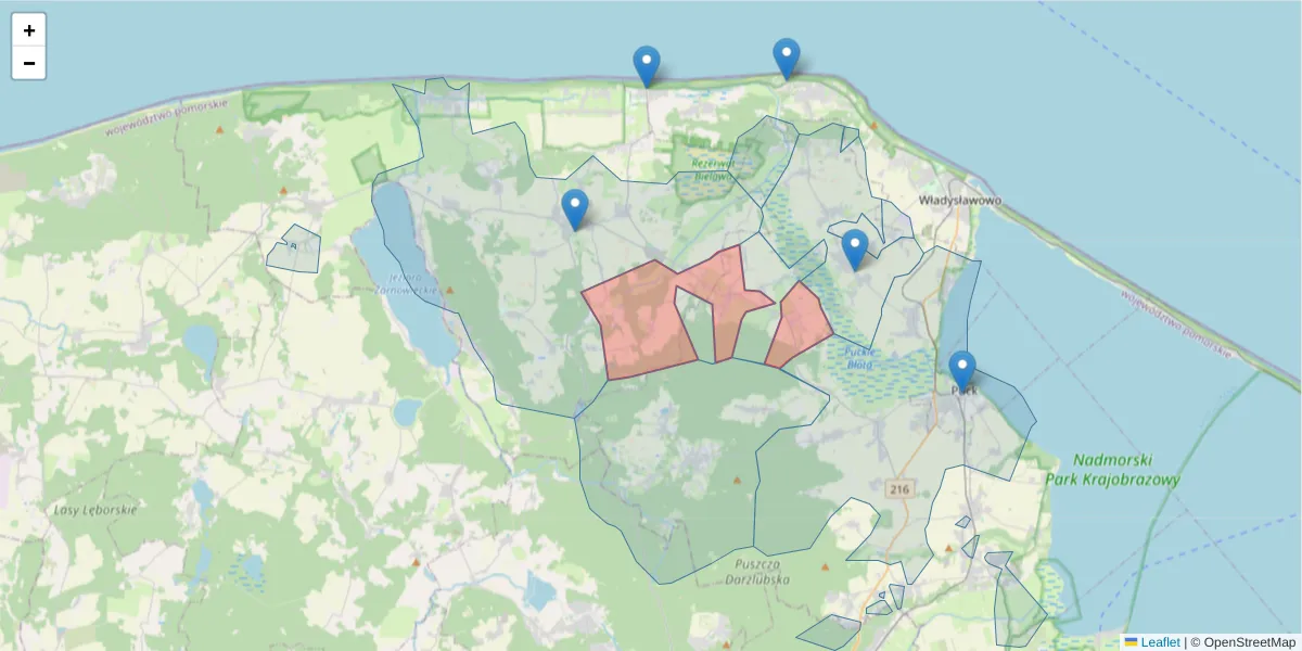 Szczegółowa mapa kodu pocztowego 84-107 z granicami, sąsiednimi kodami pocztowymi i urzędami pocztowymi
