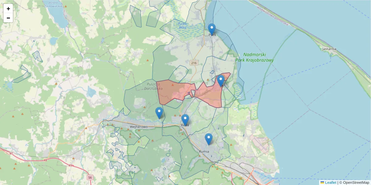 Szczegółowa mapa kodu pocztowego 84-123 z granicami, sąsiednimi kodami pocztowymi i urzędami pocztowymi