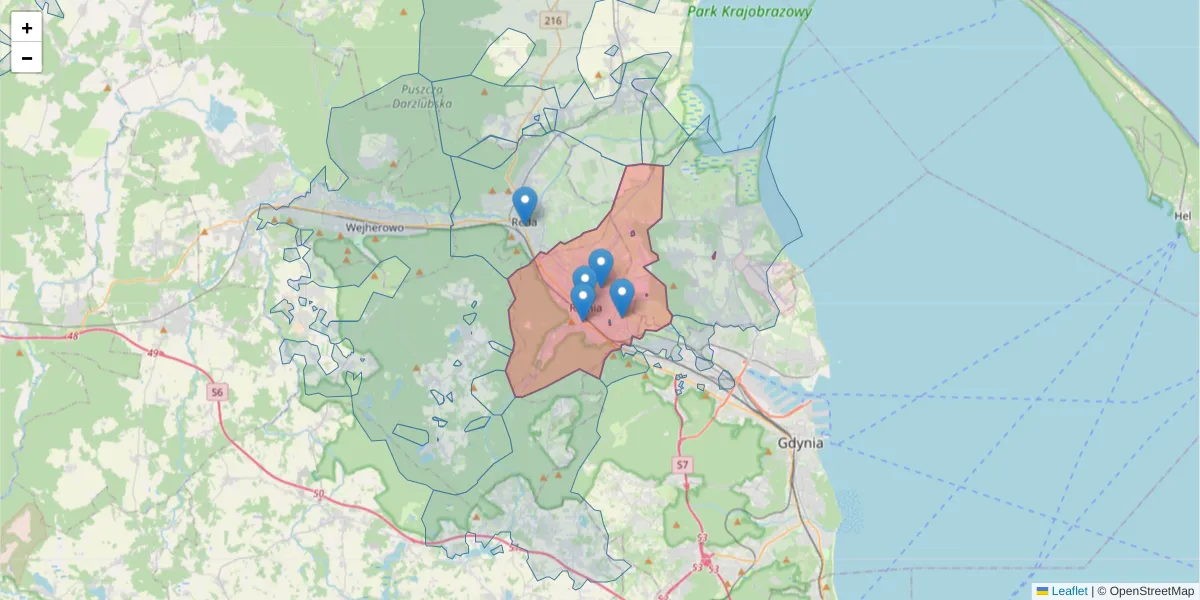 Szczegółowa mapa kodu pocztowego 84-230 z granicami, sąsiednimi kodami pocztowymi i urzędami pocztowymi