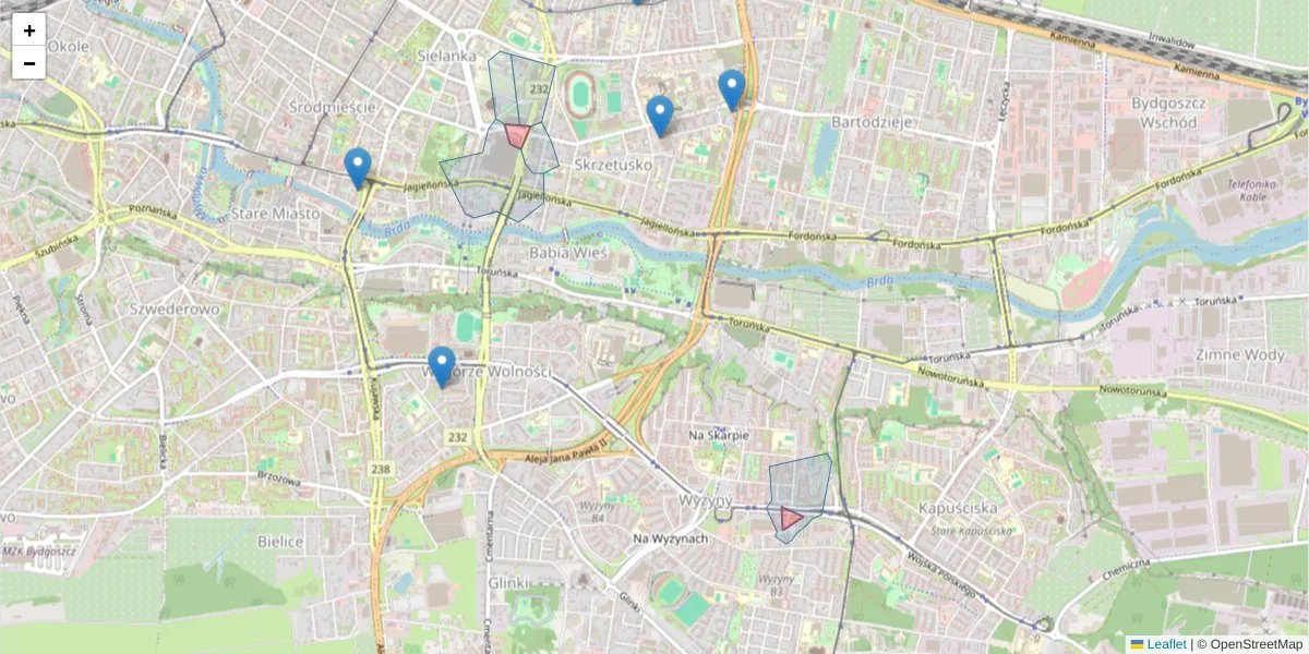 Szczegółowa mapa kodu pocztowego 85-001 z granicami, sąsiednimi kodami pocztowymi i urzędami pocztowymi