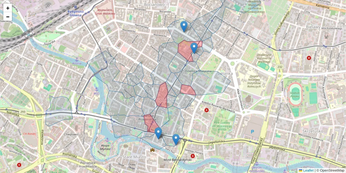 Szczegółowa mapa kodu pocztowego 85-005 z granicami, sąsiednimi kodami pocztowymi i urzędami pocztowymi