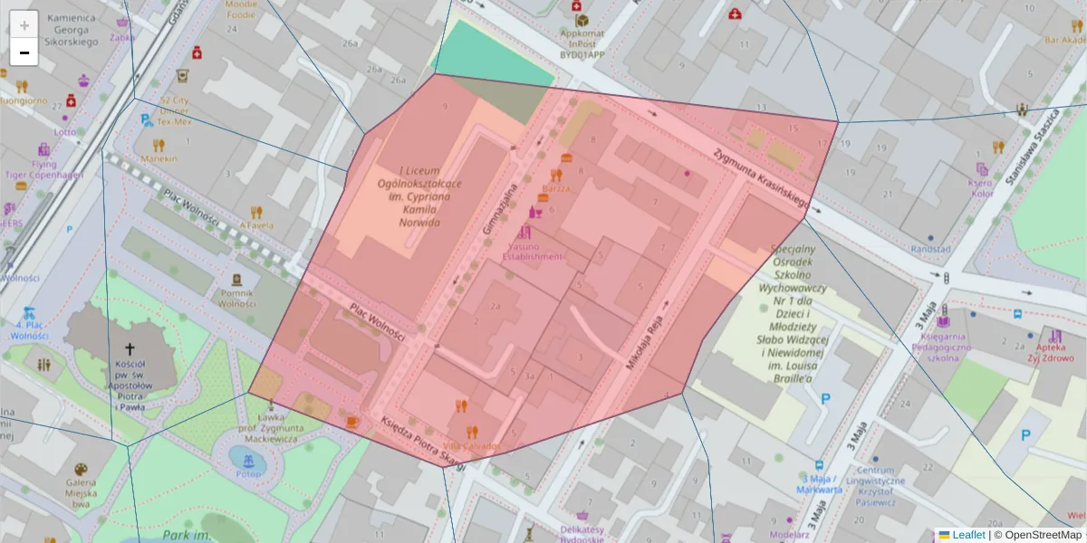 Szczegółowa mapa kodu pocztowego 85-007 z granicami, sąsiednimi kodami pocztowymi i urzędami pocztowymi