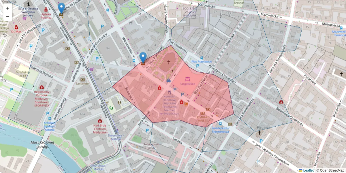 Szczegółowa mapa kodu pocztowego 85-011 z granicami, sąsiednimi kodami pocztowymi i urzędami pocztowymi