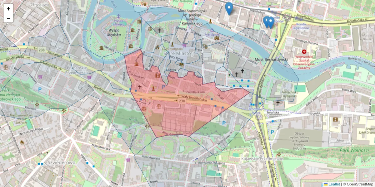 Szczegółowa mapa kodu pocztowego 85-034 z granicami, sąsiednimi kodami pocztowymi i urzędami pocztowymi