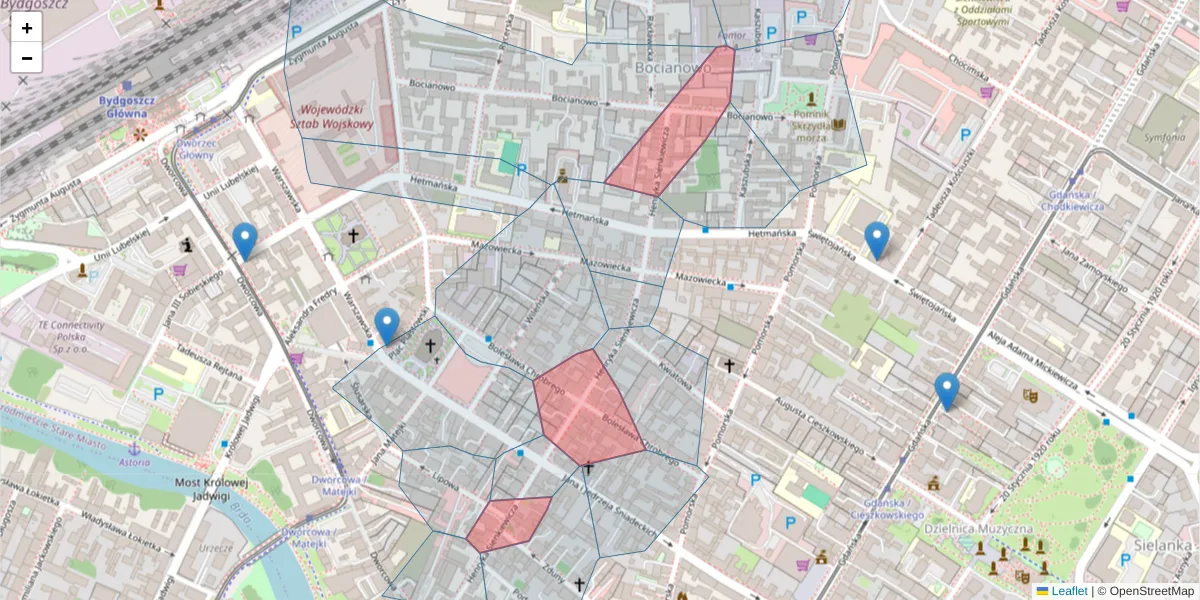 Szczegółowa mapa kodu pocztowego 85-038 z granicami, sąsiednimi kodami pocztowymi i urzędami pocztowymi