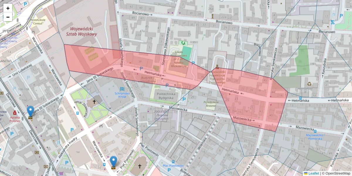 Szczegółowa mapa kodu pocztowego 85-039 z granicami, sąsiednimi kodami pocztowymi i urzędami pocztowymi
