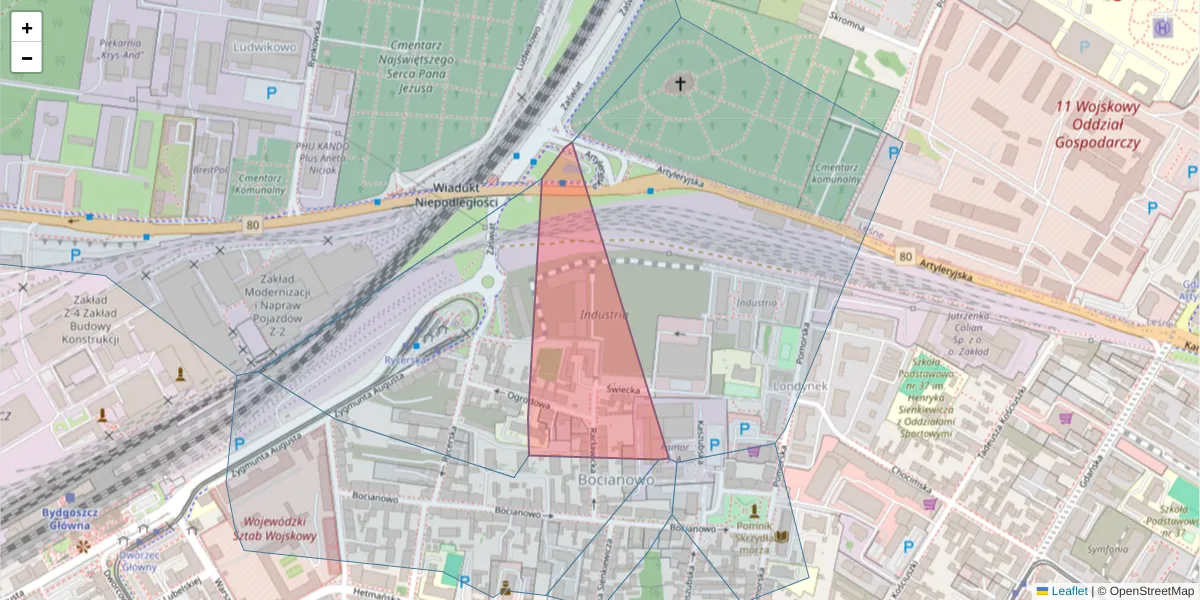 Szczegółowa mapa kodu pocztowego 85-041 z granicami, sąsiednimi kodami pocztowymi i urzędami pocztowymi