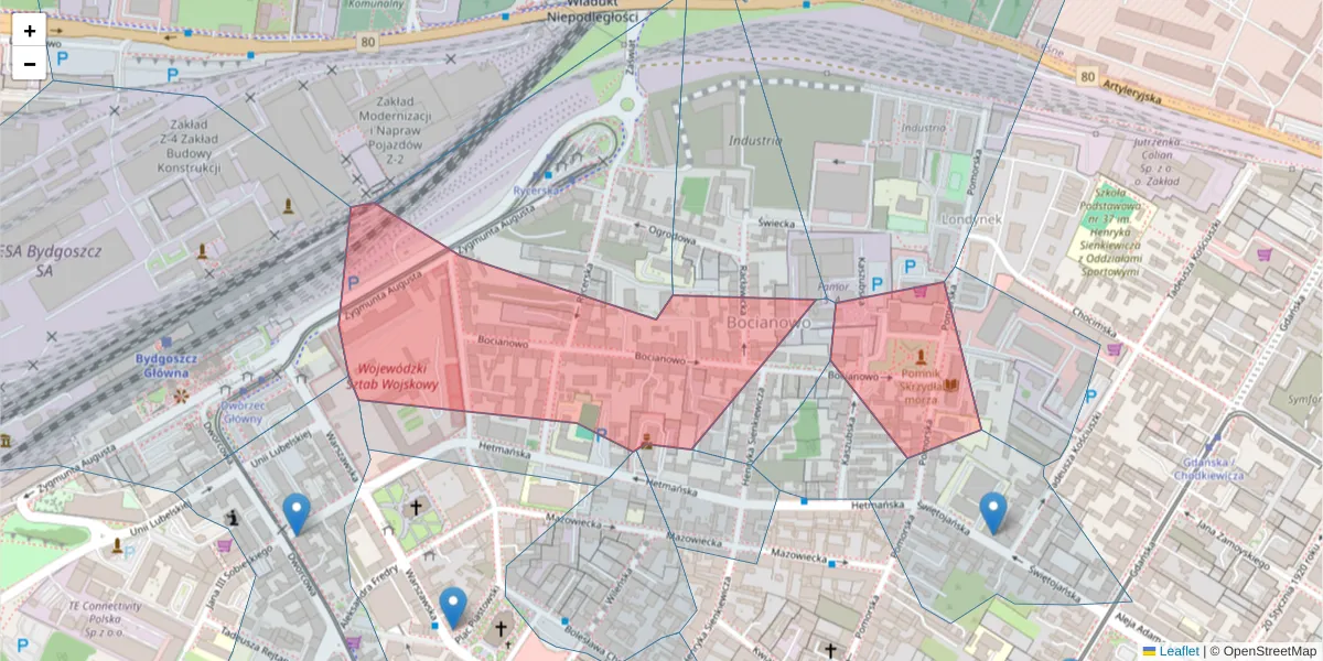 Szczegółowa mapa kodu pocztowego 85-042 z granicami, sąsiednimi kodami pocztowymi i urzędami pocztowymi