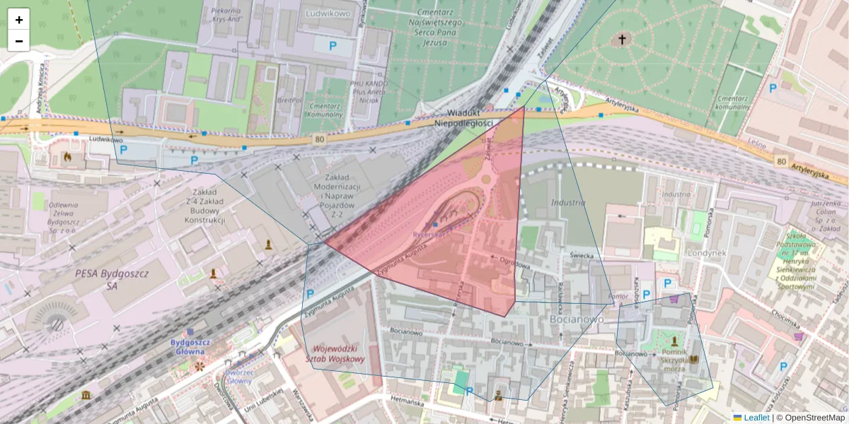 Szczegółowa mapa kodu pocztowego 85-043 z granicami, sąsiednimi kodami pocztowymi i urzędami pocztowymi