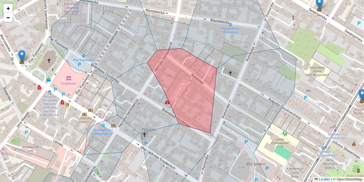 Szczegółowa mapa kodu pocztowego 85-047 z granicami, sąsiednimi kodami pocztowymi i urzędami pocztowymi