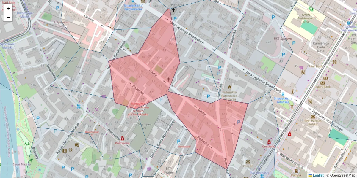 Szczegółowa mapa kodu pocztowego 85-055 z granicami, sąsiednimi kodami pocztowymi i urzędami pocztowymi