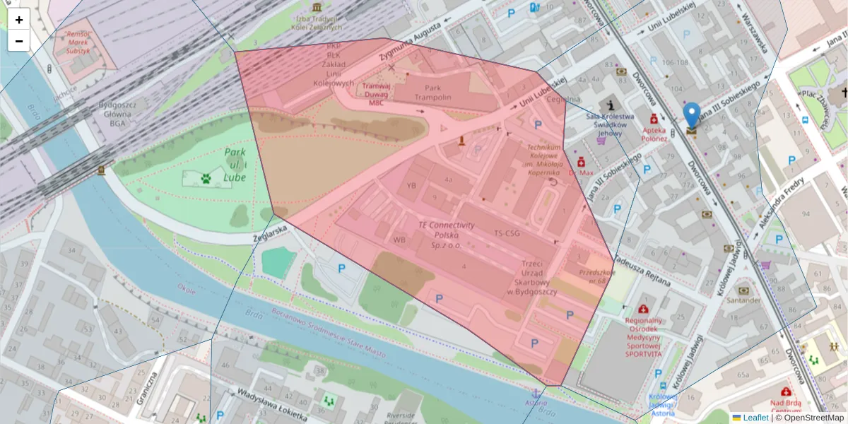 Szczegółowa mapa kodu pocztowego 85-059 z granicami, sąsiednimi kodami pocztowymi i urzędami pocztowymi