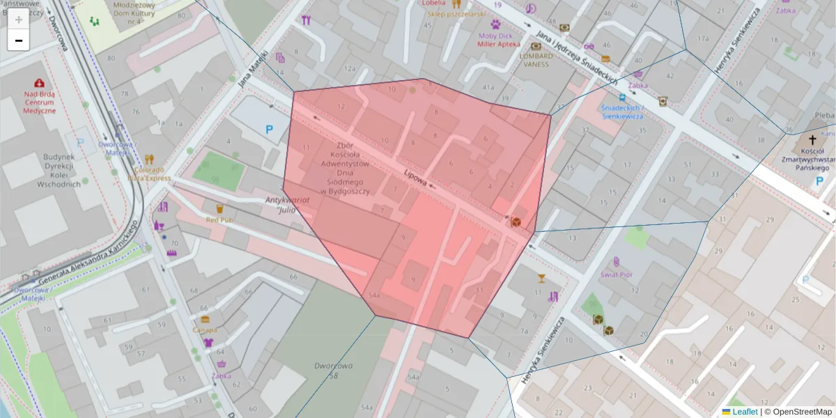Szczegółowa mapa kodu pocztowego 85-062 z granicami, sąsiednimi kodami pocztowymi i urzędami pocztowymi