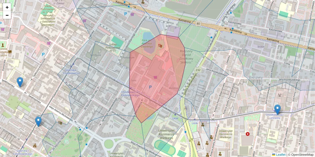 Szczegółowa mapa kodu pocztowego 85-065 z granicami, sąsiednimi kodami pocztowymi i urzędami pocztowymi