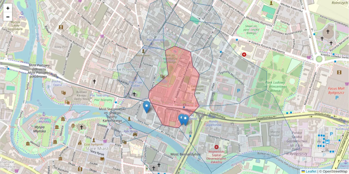 Szczegółowa mapa kodu pocztowego 85-066 z granicami, sąsiednimi kodami pocztowymi i urzędami pocztowymi