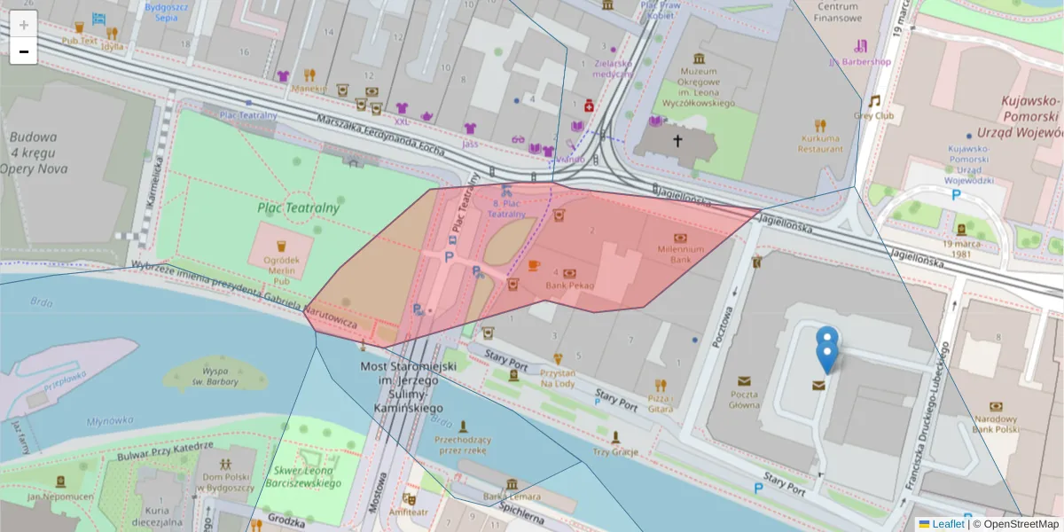 Szczegółowa mapa kodu pocztowego 85-069 z granicami, sąsiednimi kodami pocztowymi i urzędami pocztowymi
