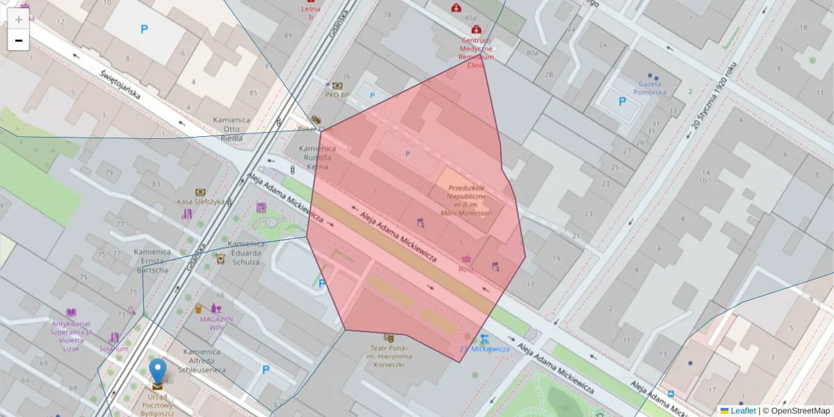 Szczegółowa mapa kodu pocztowego 85-071 z granicami, sąsiednimi kodami pocztowymi i urzędami pocztowymi
