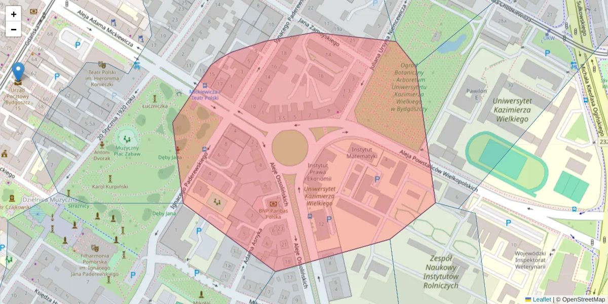 Szczegółowa mapa kodu pocztowego 85-075 z granicami, sąsiednimi kodami pocztowymi i urzędami pocztowymi